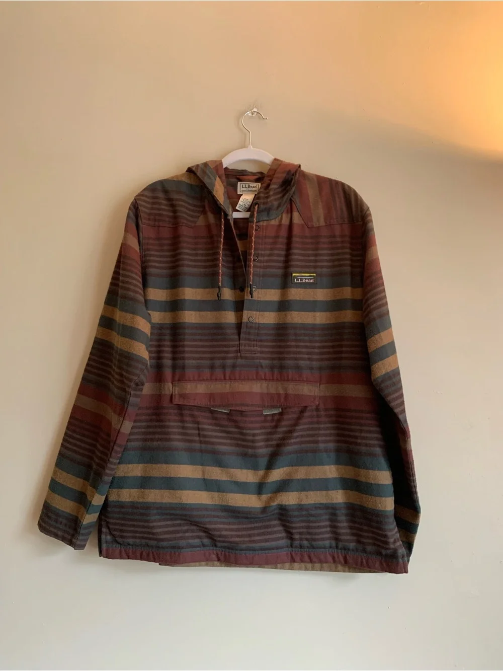 L.L. Bean Men's Striped Hooded Pullover Jacket Size Large Wool Hoodie Coat